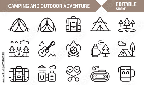 Nature travel and camping symbols set in editable outline style