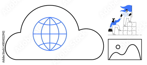 Cloud technology, teamwork support, digital connection, data management, global communication, online collaboration. Large cloud with a global network icon, and teamwork illustration. Cloud