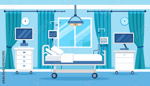 Hospital room with medical equipment and bed