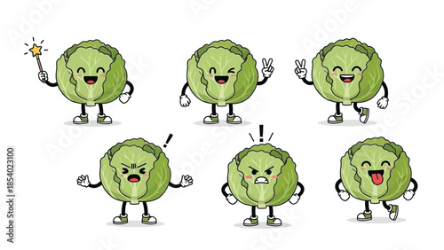 A collection of six cartoon-style illustrations of a happy cabbage character with different facial expressions and poses.