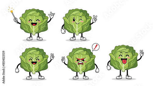 Cartoon illustrations of a happy cabbage character with different facial expressions and gestures.