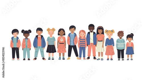 A diverse group of children of various ethnicities and genders standing together in a line.