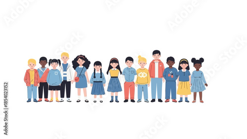 A diverse group of children of various ethnicities and genders standing together in a line.