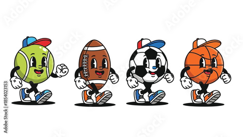 Cartoon sports balls: tennis, football, soccer, and basketball characters walking with hats and shoes.