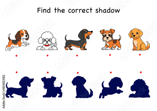 Cartoon dogs with outlines for shadow matching game  