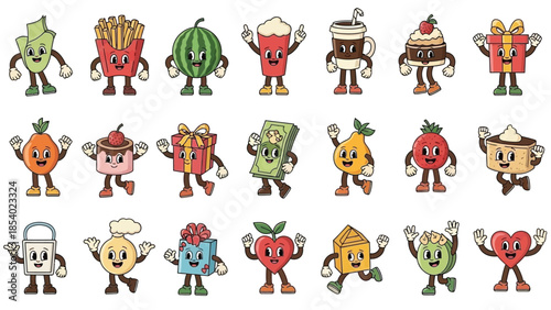 A collection of 20 retro-style cartoon characters representing various food items and objects, each with unique facial expressions and poses.
