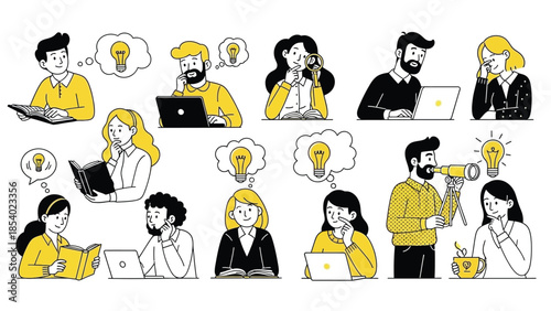 A collection of diverse individuals engaged in various activities, brainstorming, reading, and working on laptops, with lightbulb icons symbolizing ideas.