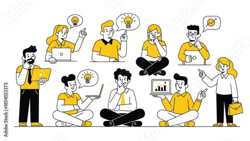 A diverse group of people collaborating and brainstorming ideas, with lightbulbs symbolizing innovation and laptops representing technology.