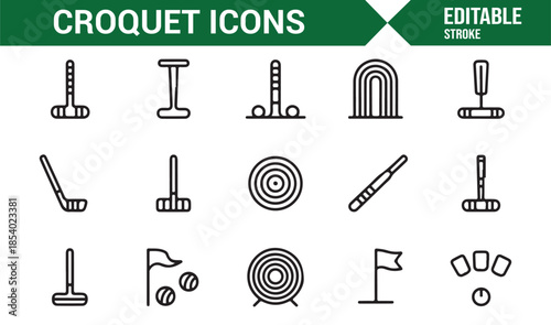 Traditional croquet lawn game editable line icons for recreation