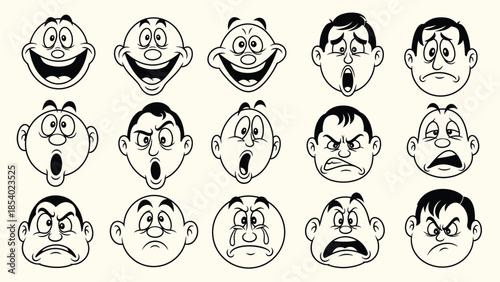 A collection of 15 cartoon faces expressing a wide range of emotions, from joy and surprise to anger and sadness.