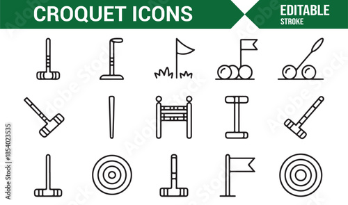 Lawn croquet game equipment and sports outline icon collection