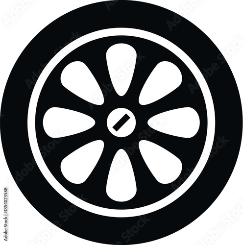 Automotive wheel icon showing a tire with a rim and lug nut graphic