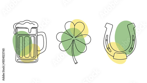 A minimalist line art illustration featuring a frothy beer mug, a four-leaf clover, and a horseshoe, set against abstract green and yellow watercolor splashes.