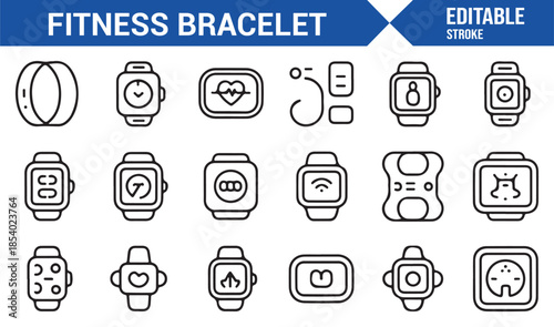 Editable outline fitness bracelet icons for wellness and sports design