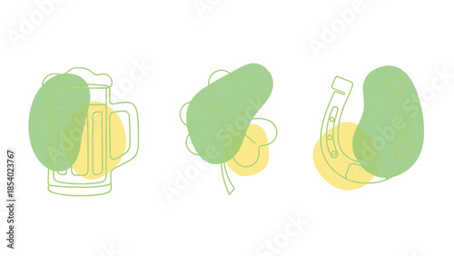Three stylized St. Patrick's Day icons: a beer mug, a shamrock, and a horseshoe, with green and yellow abstract shapes.