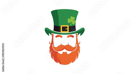 A cartoon leprechaun wearing a green hat with a shamrock and a red beard.