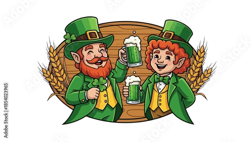 Two cheerful leprechauns in green outfits toasting with green beer, surrounded by wheat stalks and a wooden oval frame.