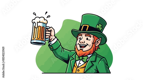 A cheerful leprechaun in a green hat and suit raises a frothy mug of beer in a toast.
