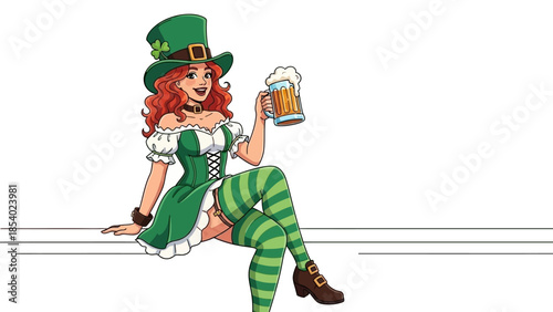 A festive leprechaun woman in a green outfit and hat, holding a frothy mug of beer, celebrating St. Patrick's Day with a playful pose.