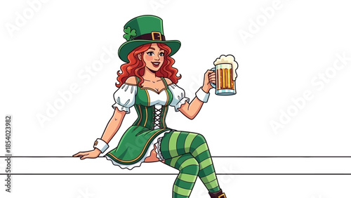 A festive leprechaun woman in a green hat and costume holding a frothy beer, celebrating St. Patrick's Day.