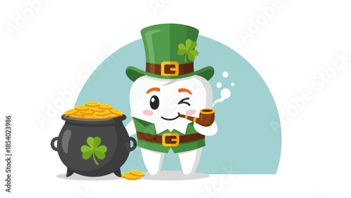 A cartoon tooth dressed as a leprechaun, holding a pipe and winking, stands next to a pot of gold coins.