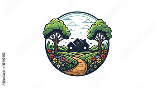 Charming Countryside House with Lush Garden and Winding Path.