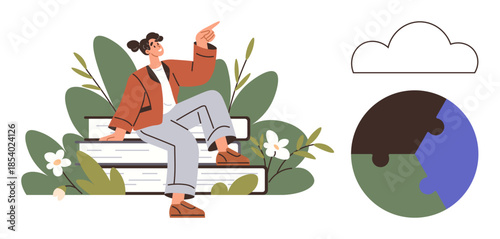 Person sitting on stacked books surrounded by plants, pointing upward. Earth puzzle and cloud imply global connection and learning. Ideal for education, environment, knowledge, creativity, growth