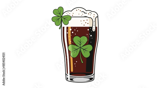 A pint of dark beer adorned with shamrocks, celebrating St. Patrick's Day.