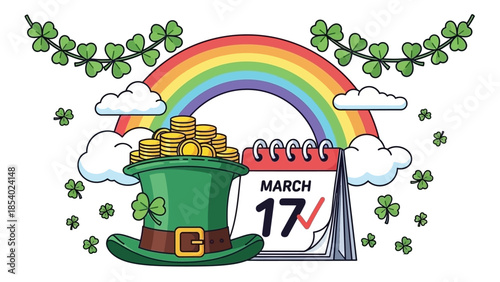 A festive St. Patrick's Day illustration featuring a leprechaun hat overflowing with gold coins, a calendar marking March 17th, a rainbow, shamrocks, and clouds.