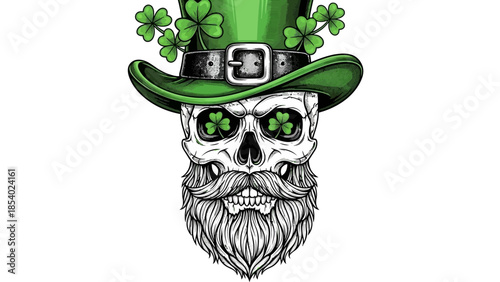 A stylized skull wearing a green leprechaun hat adorned with shamrocks, featuring shamrock eyes and a full beard with a mustache.