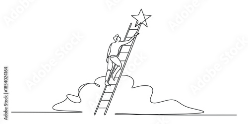 Man climbing a ladder to reach a star, continuous line drawing