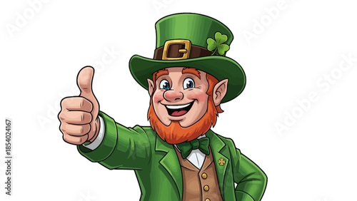 A cheerful leprechaun in a green suit and hat gives a thumbs-up gesture.