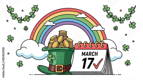 A festive St. Patrick's Day illustration featuring a leprechaun hat overflowing with gold coins, a rainbow, clouds, shamrocks, and a calendar marking March 17th.