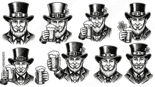Collection of St. Patrick's Day Leprechauns Holding Beer Mugs and Shamrocks.