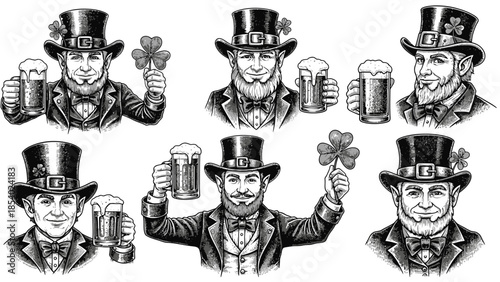 Collection of six vintage-style illustrations of men in top hats holding beer mugs and shamrocks, celebrating St. Patrick's Day.