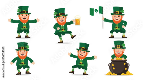 A collection of six cartoon leprechauns in various poses, some holding a beer and a flag, others with a pot of gold, all dressed in green attire with shamrock accents.