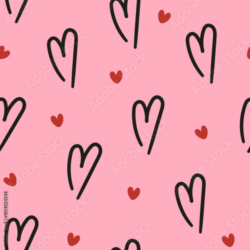 Seamless pattern with cute linear hand drawn hearts. Vector romantic background in retro style for textile, wallpaper, wrapping paper, web design.