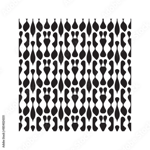 Seamless black and white pattern background featuring repeating teardrop or paisley shapes arranged in vertical wavy columns.

