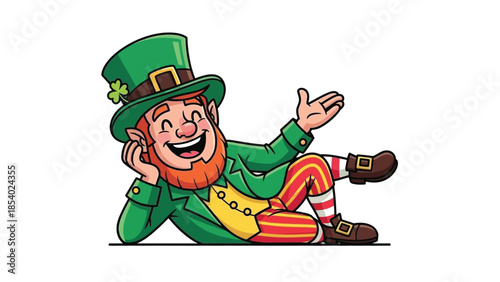 A cheerful leprechaun in a green hat and suit, lying down and gesturing with his hand.
