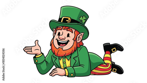 A cheerful leprechaun wearing a green hat and suit, lying down and gesturing with his hand.