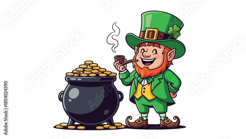A cheerful leprechaun in a green suit and hat, smoking a pipe next to a pot overflowing with gold coins.