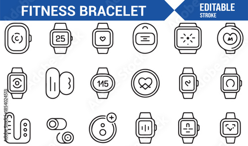 Smart fitness tracker and wearable technology editable line icons