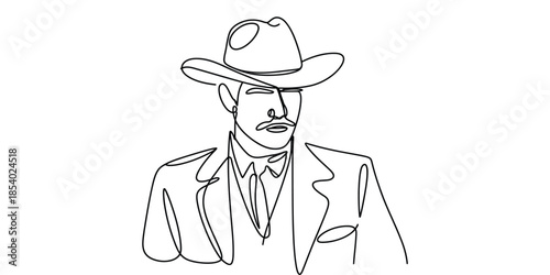 One line drawing of cowboy man in hat and suit