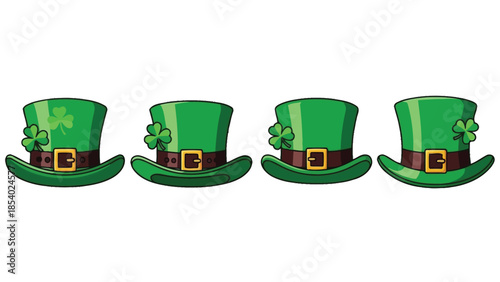 Four green leprechaun hats with shamrocks and gold buckles, isolated on a white background.