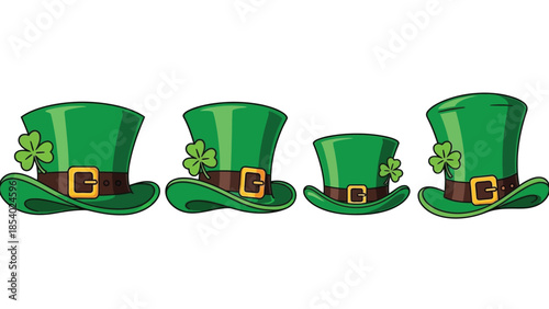 Four green leprechaun hats with shamrocks and gold buckles, isolated on a white background.
