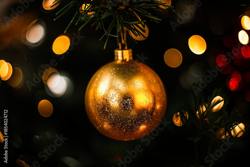 Close-up of a golden Christmas ornament hanging from a tree branch with warm glowing bokeh lights in the background, creating a festive and elegant holiday atmosphere