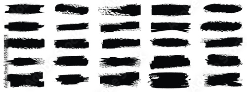 Brush strokes, black ink lines, vector abstract set with paint brush grunge texture on white background. Paintbrush strokes and ink smear stainsbackdrop, dirt banner, watercolor design
