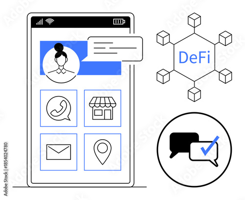 Smartphone interface highlighting user chat, digital finance, and service icons. Blockchain network visualization. Ideal for fintech, DeFi, communication, app design, tech innovation marketing
