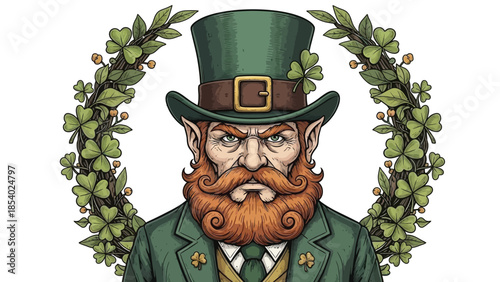 A stern-faced leprechaun wearing a green suit and top hat, framed by a wreath of shamrocks.