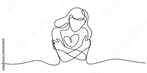 One line drawing woman hugging herself with heart symbol